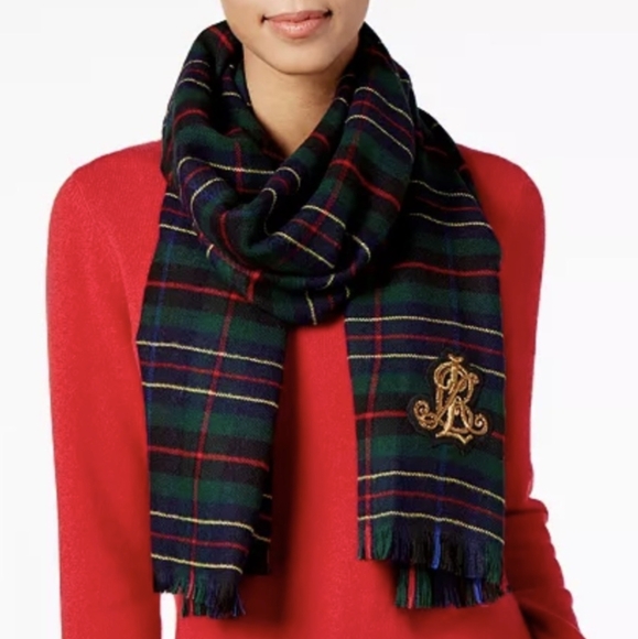 LRL Mina Wrap Scarf Regal Crest Traditional Plaid Tartan Fringed Preppy Blue Red - Picture 1 of 9